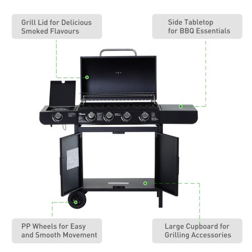 Outsunny 4+1 Burner Gas BBQ Grill, Outdoor Barbecue Trolley with Wheels, Warming Rack, Side Shelves, Cabinet, Thermometer for Garden, Party, Camping, 125 L x 51 W x 100 H cm, Black