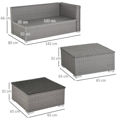 Outsunny 5 Pieces Rattan Garden Furniture Set, Wide & Deep Garden Sofa with Thickened Cushions, Outdoor Furniture Conservatory Set with Loveseats, Footstools and Glass Top Table for Patio, Grey