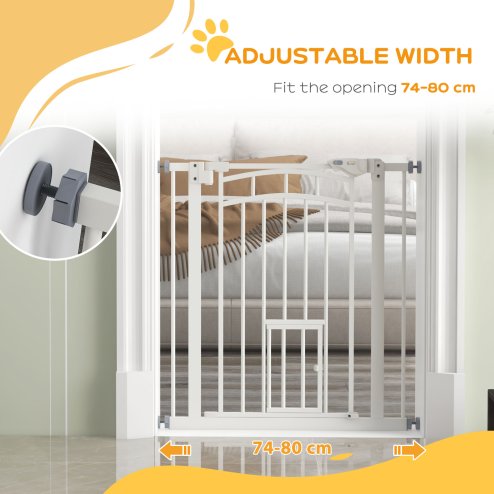 PawHut Dog Stair Gate Pet Barrier with Small Cat Door, Pressure Fit Safety Gate  with Auto Closing System, Double Locking, for Hallways - White