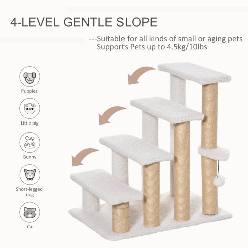 PawHut Pet Stair, Cat Tree with 4-step Climb Ladder, Scratching Posts, Platforms, Toy Ball, for Indoor Elderly Cats Kittens, White