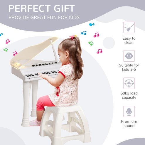 AIYAPLAY 32 Keys Kids Piano Keyboard with Stool, Lights, Microphone, Multiple Sounds, Removable Legs, Electronic Musical Instrument for Boys Girls, White