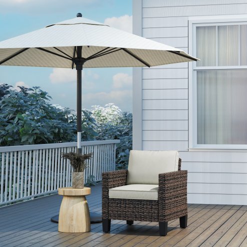 Outsunny Single Seater Rattan Garden Armchair, PE Wicker Rattan Chair with Armrests and Cushions, Garden Chair with Galvanised Steel Frame for Conservatory, Porch, Brown