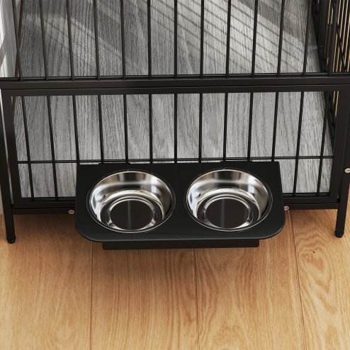 PawHut Dog Crate Furniture with 2 Rotatable Bowls, Dog Crate End Table with 2 Anti-Escape Doors, Storage Shelf, for Medium Dogs, 80 x 56 x 76.5 cm, Grey