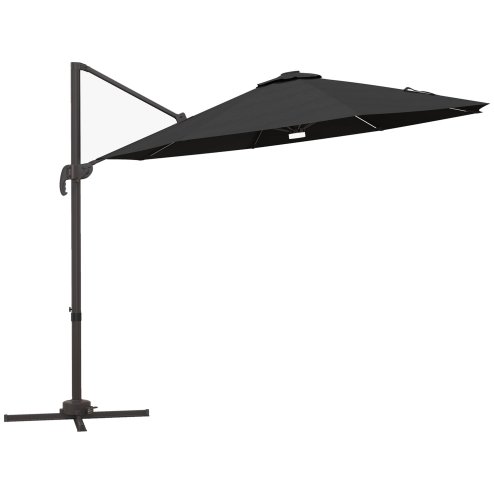 Outsunny 3(m) Cantilever Roma Parasol Garden Sun Umbrella Outdoor Patio with 360 Rotation Crank & Tilt Aluminium Frame LED Solar Light Cross Base, Dark Grey