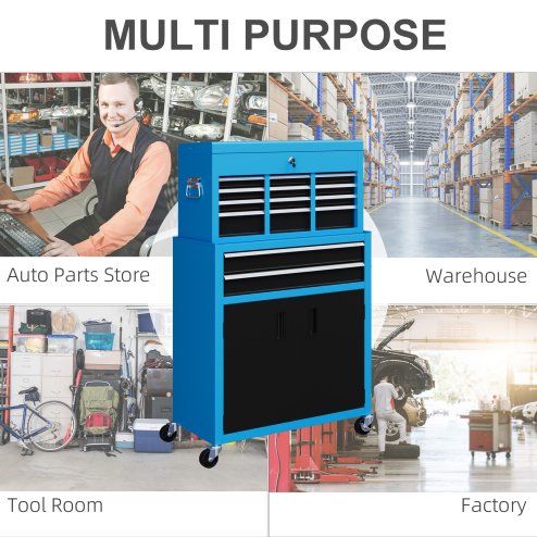 HOMCOM Tool Chest, Metal Tool Cabinet on Wheels with 6 Drawers, Pegboard, Top Chest and Roller Cabinet Combo, 61.6 x 33 x 108cm, Blue