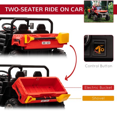 HOMCOM 2 Seater Kids Ride On Car with Electric Bucket, 12V Battery Powered Electric UTV with Shovel, Parental Remote, 4 Spring Suspension Wheels, Working Horn, Music - Red