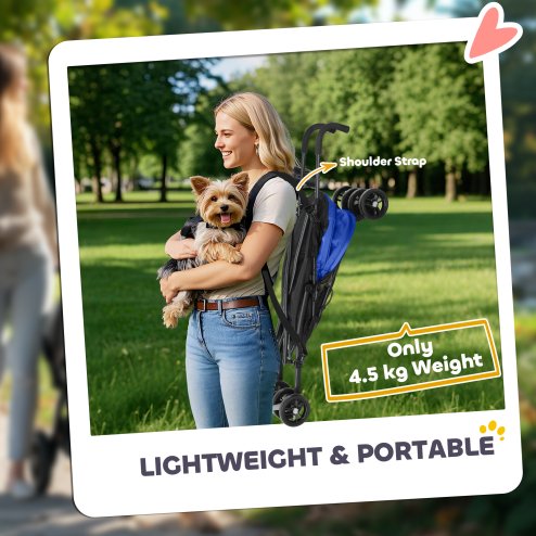 PawHut Pet stroller for Miniature Dogs, Foldable Dog Stroller with Shoulder Strap, 4 Wheels Pet Pram with Storage Bag, Cup Holder, Dark Blue