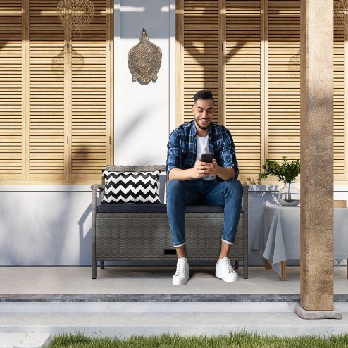 Outsunny 2 Seater Garden Storage Bench with 160L Capacity, PE Rattan Garden Bench with Storage, Wicker Outdoor Bench Loveseat with Cushion, Pillows and Steel Frame for Patio, Grey