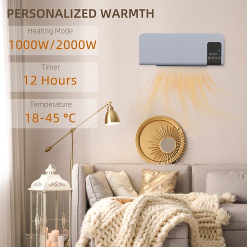 HOMCOM Electric Heater, 2000W Wall Mounted Ceramic Space Heater with Remote Control, 2 Modes, Timer, Oscillation, Overheat Protection for Home, Grey