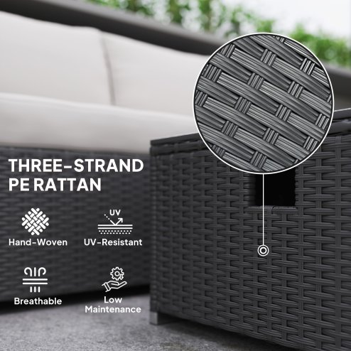 Outsunny 5 Piece Rattan Garden Furniture Set with Gas Fire Pit Table, 4 Seater Outdoor Sectional Sofa Set with Footstool and Removable Cushions, Modular Combination, Black and Cream White