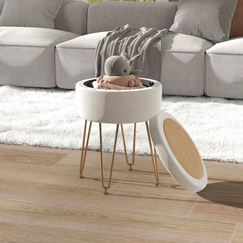 HOMCOM 5L Velvet Storage Ottoman, Modern Round Footstool with Metal Hairpin Legs and Removable Lid, Dressing Table Stool Side Table for Hallway, Bedroom, Living Room, 33 x 33 x 43 cm, Cream White