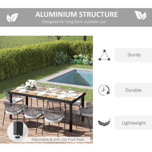 Outsunny Garden Table for 8 People, Rectangular Aluminium Outdoor Dining Table with All-Weather Faux Wood Top for Garden, Patio, 190 x 90 x 74 cm, Natural