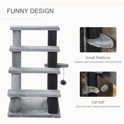 PawHut Pet Stairs, Cat Tree Climb Ladder with 4-step Stair, Scratching Posts, Platforms, Toy Ball, for Indoor Cats, Grey