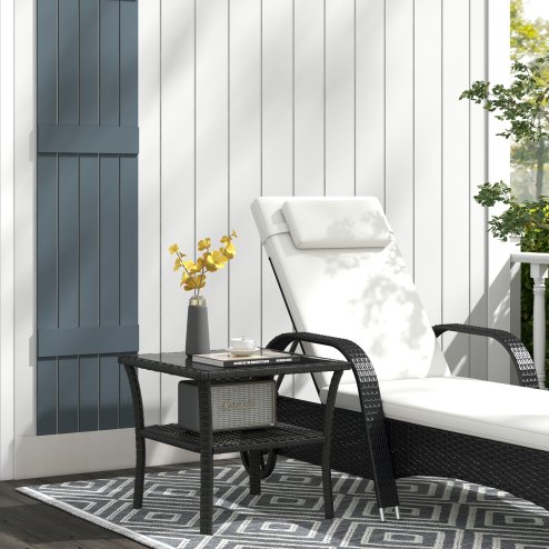 Outsunny 50cm Outdoor PE Rattan Coffee Table, Patio Wicker Two-tier Side Table with Glass Top, for Patio, Garden, Balcony, Black