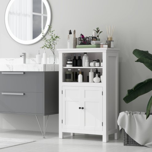 HOMCOM Modern Bathroom Storage Cabinet, Freestanding Bathroom Cabinet with Open Shelves, a Cupboard with Doors and Adjustable Shelves, White