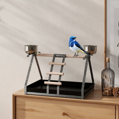 PawHut Parrot Stand Bird Stand w/Wood Perch Ladder Feeder Removable Tray