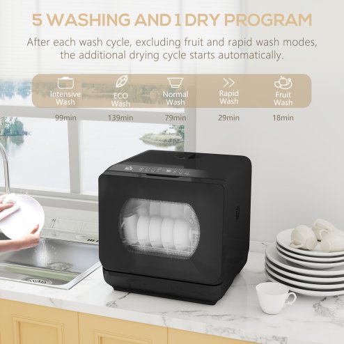 HOMCOM Table Top Dishwasher, Mini Countertop Dishwasher No Plumbing with Built-in 6L Water Tank, 6 Programs, Touch Control, LED Display, 4 Place Settings, Dual Water Supply and Fruit Wash, Black