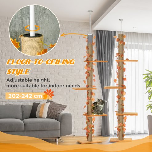 PawHut 242cm Floor to Ceiling Cat Tree for Indoor Cats with Leaves, Height Adjustable Cat Climbing Tower with Scratching Post, Anti-Slip Kit - Orange