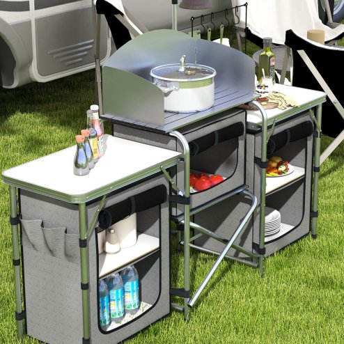 Outsunny Folding Camping Kitchen, Portable Aluminium Camping Table with 3 Fabric Cupboards, Windshield, Light Stand, Carrying Bag for BBQ, RV, Picnic, Grey