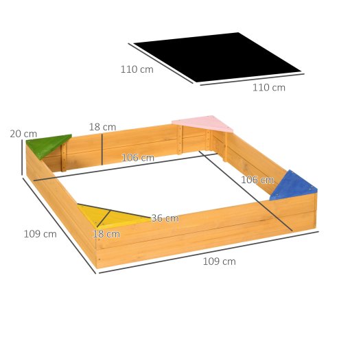 Outsunny Kids Wooden Sand Pit, Children Sandbox w/ Non-Woven Fabric, Four Seats, for Gardens, Playgrounds, 109 x 109 x 20cm - Natural Wood Effect