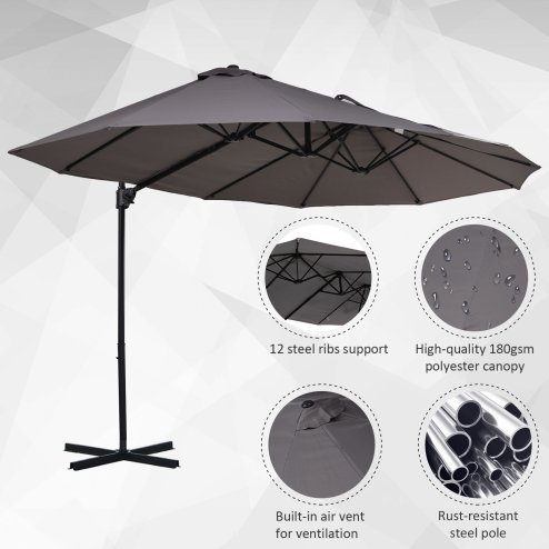 Outsunny 4.4m Large Garden Parasol, Double-Sided Cantilever Parasol with Base Included, Patio Umbrella Sun Shade with Steel Pole 12 Ribs Crank Handle Easy Lift Twin Canopy, Grey