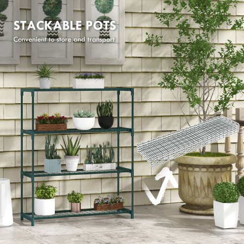 Outsunny Modern Plant Stand, 4-Tier Planter Holder with Steel Frame, Outdoor Flower Display Rack for Potted Plants Garden Balcony Decor, Dark Green