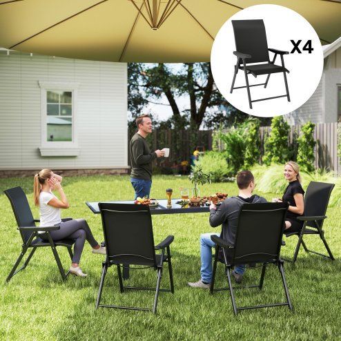 Outsunny Set of 4 Folding Chair, Garden Chair Set with Breathable Mesh Back and Seat, Outdoor Camping Chairs with Armrests, Steel Frame for Deck Balcony, Black