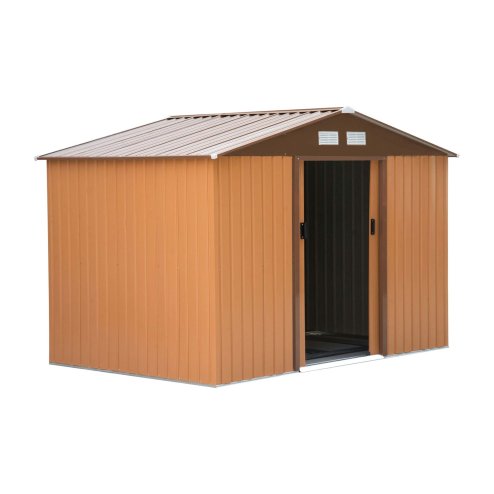Outsunny 9 x 6FT Outdoor Garden Roofed Metal Storage Shed Tool Box with Foundation Ventilation & Doors Khaki