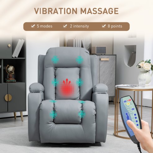 HOMCOM Massage Recliner Chair with 8 Vibration & Heat, PU Leather Recliner Armchair with Cup Holders and Side Pockets, Manual Reclining Chair with Remote, 360° Swivel, Rocking, Light Grey