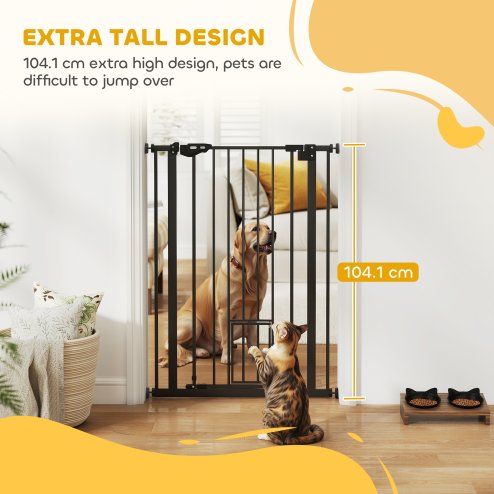 PawHut Extra Tall Dog Gate with Cat Flap, Pet Safety Gate for Doorways Stairs with Auto Close Double Locking, 104 cm Tall 74-80 cm Wide, Black