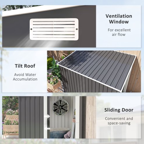 Outsunny 7 x 5FT Galvanised Metal Garden Shed with Foundation, Lean to Shed, Tool Storage House with Sliding Doors, 2 Vents, Adjustable Shelves and Hooks, Dark Grey