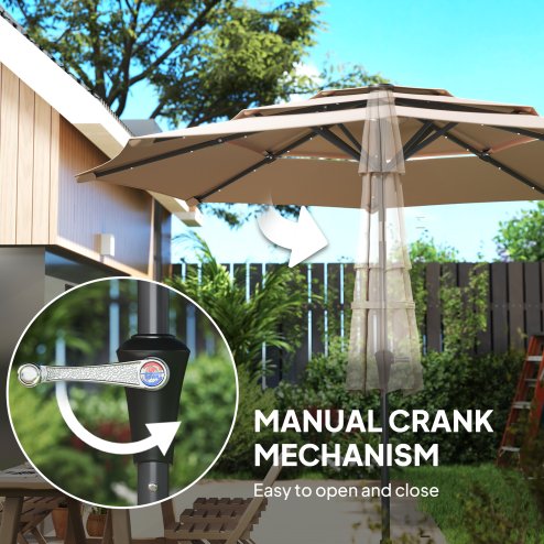 Outsunny 2.6 m Garden Parasol with Solar LED Lights, 3-Tier Patio Umbrella Outdoor with Tilt Mechanism & Crank Handle, UPF 30+, Table Umbrella for Market Terrace, Khaki