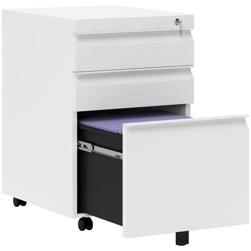 Vinsetto 3-Drawer Filing Cabinet with Lock, Mobile Steel File Cabinet for A4, Legal and Letter Size, Under Desk Drawers with Pre-Assembled Body for Home Office, 39 x 48 x 60 cm, White
