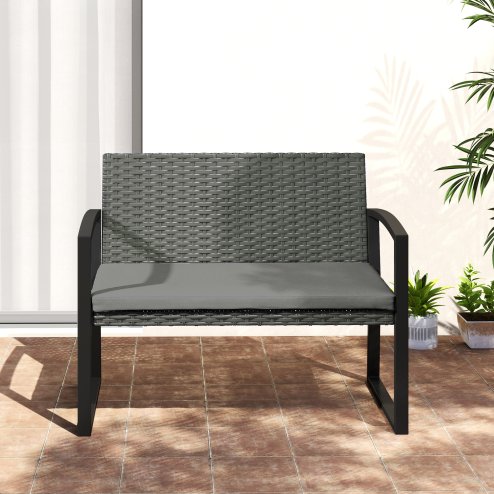 Outsunny 2 Seater Rattan Garden Bench, Outdoor Bench with Cushion, PE Wicker Garden Loveseat with Armrests, Galvanised Steel Frame for Patio, Park, Dark Grey