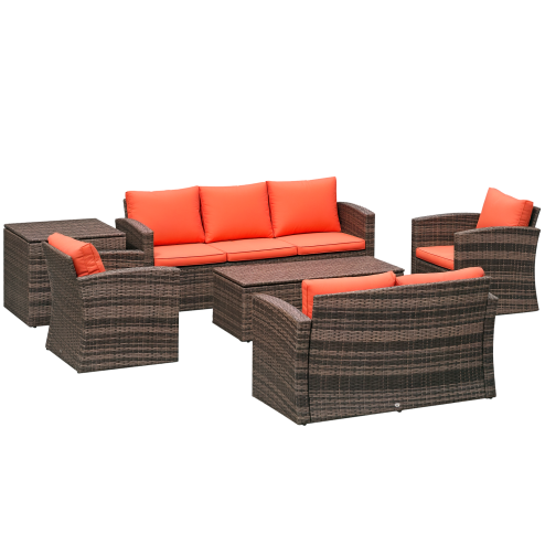 Outsunny 6 Pieces Rattan Garden Furniture Set, 7 Seater Wicker Outdoor Furniture Set with Storage Tea Table & Side Table, Sectional Garden Sofa Set with Cushions, Orange