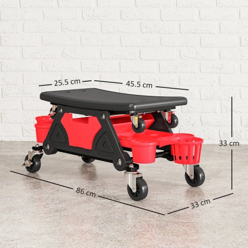 HOMCOM Rolling Mechanic Stool, 135kg Capacity Workshop Stool with 360 Swivel Wheels, Roller Creeper Seat with Slide Out Tool Trays, Drawer, Bottle Holders for Garage, Shop, Auto Repair, Red