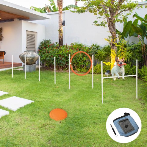 PawHut Dog Agility Equipment Set Pet Run Jump Obedience Training Set for Outdoor with Disc, Whistle, Weaves Poles, Adjustable Jumping Poles, Carry Bag