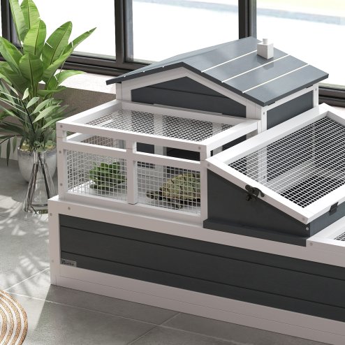 PawHut Tortoise House 3-Room Wooden Tortoise Enclosure Large Reptile Cage with 2 Stories, Ladder, Balcony, Tray, Openable Roof, 59H x 112L x 65Wcm, Grey