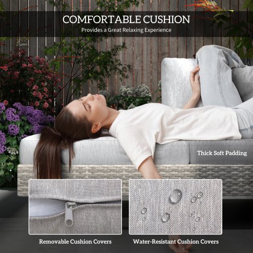 Outsunny 3 Pieces Rattan Garden Furniture Set, Wicker Garden Sofa Set with 3-Seater Sofa, Loveseat, Coffee Table, Side Table & Cushions, 5-Seater Outdoor Furniture Set, Grey