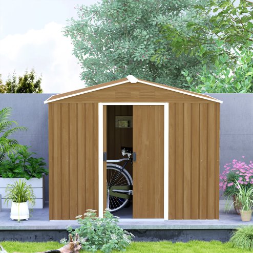 Outsunny 7.7 x 5.7ft Metal Garden Shed with Ventilation Slots and Sliding Doors, Galvanised Outdoor Tool Storage House, Brown Wood Effect
