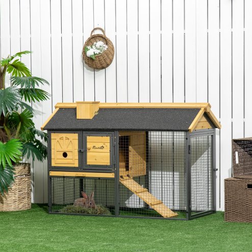 PawHut 2 Tiers Rabbit Hutch and Run, Guinea Pig Hutch Outdoor with Sliding Tray, Ramp, for 1-2 Rabbits