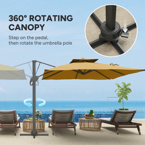 Outsunny 3 x 3 m Cantilever Parasol with Hydraulic Opening, Heavy Duty Aluminium Hanging Garden Parasol, Double Top Square Patio Umbrella with 360 Rotation, 8 Ribs, Cross Base, Khaki