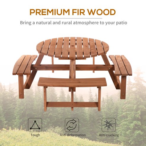 Outsunny 8 Seater Wooden Picnic Table and Garden Benches Set, Round Garden Dining Set with 4 Benches and Umbrella Hole Outdoor Garden Park, Brownish Red