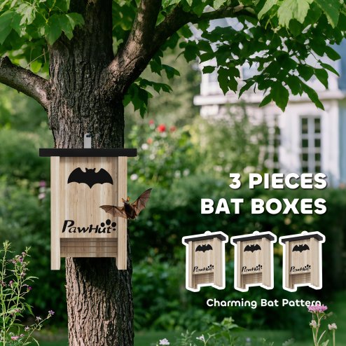 PawHut Bat Boxes, Pack of 3 Wooden Bat Houses for Outdoor, Garden, Farm, Easy for Bat to Land and Roost, Designed to Attract Bats & Easy to Hang, 18 x 6 x 22.5 cm