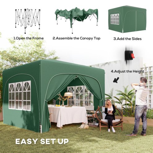 Outsunny 3 x 3(m) Pop Up Gazebo with Sides and Carry Bag, UPF50+, Height Adjustable Party Tent Instant Event Shelter for Garden, Outdoor, Patio, Dark Green