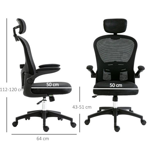 Vinsetto High Back Office Chair, Mesh Computer Desk Chair with Rotatable Headrest, 4D Lumbar Support, Flip-up Arm, Adjustable Height, Black