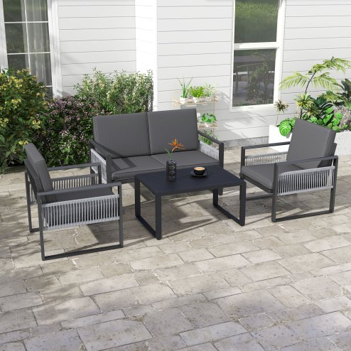 Outsunny 4 Pieces Aluminium Garden Furniture Set with Cushions, Patio Furniture Set with Slatted Aluminium Top Coffee Table, Sofa Set with Rope Decoration Weave Armchairs, Black