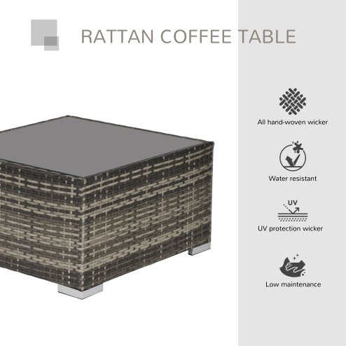 Outsunny Rattan Garden Coffee Table, 65 cm Square Garden Rattan Table with Tempered Glass Top, All-Weather Wicker Bistro Outdoor Furniture for Patio, Balcony, Porch, Deep Grey
