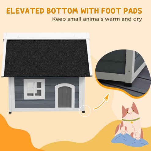 PawHut Outdoor Cat House, Wooden Feral Cat Shelter, Water-Resistant Hide Home with Openable Asphalt Roof, Three Doors, 77 x 57.5 x 68cm - Grey