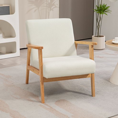 HOMCOM Accent Armchair, Living Room Chair, Wooden Upholstered Single Lounge Chair with Rubber Wood Legs and Padded Seat , Leisure Sofa Chair for Bedroom Office, Cream White Image